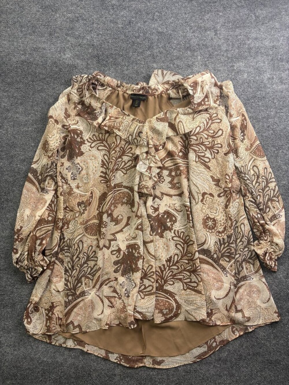 House Of Harlow 1960 Blouse Womens Small Brown Paisley Ruffle Neck Tunic Top